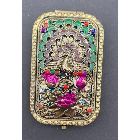 NWOT Contemporary Vintage Style Peacock Enamel & Rhinestone Compact Mirror - Picture 3 of 5